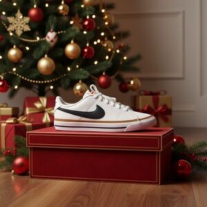 Nike White and Black Men's Sneakers with Gold Accents